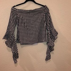 DO + BE off shoulder back white gingham blouse S